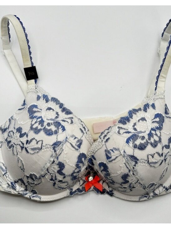 Victorias Secret Body By Victoria Lined Demi Push Up Bra White Blue Lace Sz 34D - Picture 1 of 10